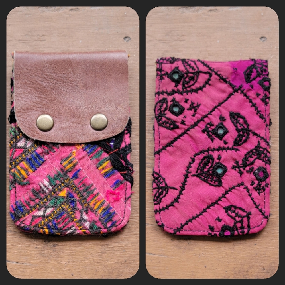 🧠🍳 Free People Boho Embroidered Repurposed vtg banjara hippie Wallet card case